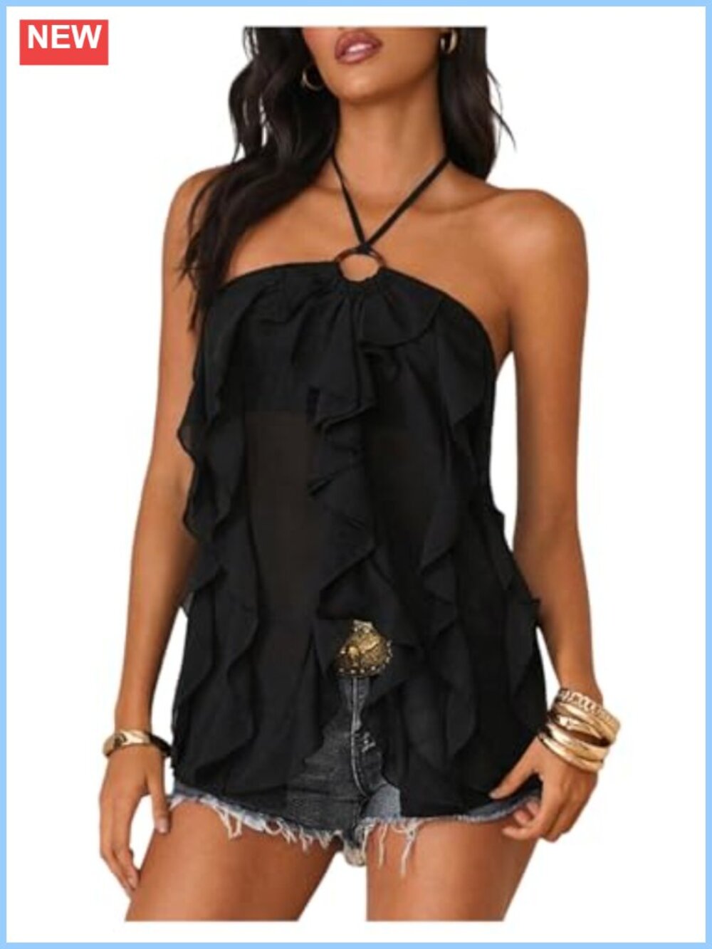 SOLY HUX Ruffle Halter Tie Backless Flowy Going Out Top